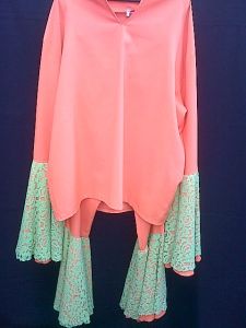 Adult Female Costumes to Hire - Hippy-Orange top & bellbottom with lime green lace